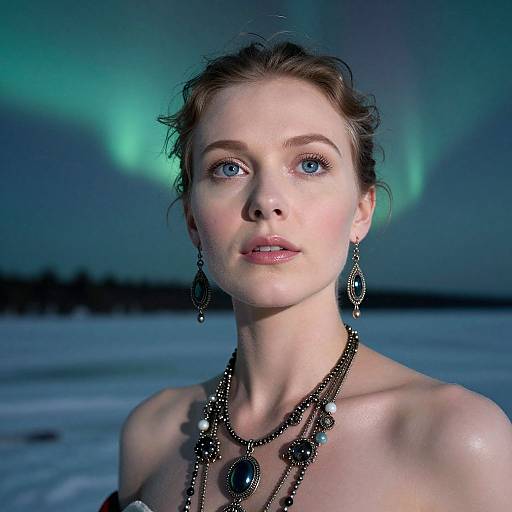 Photograph of a fair-skinned, blue-eyed woman with brown hair, wearing black beaded jewelry, against a backdrop of vibrant green northern lights and