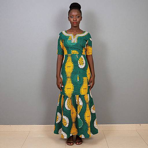 Photograph of a Black woman with a bun, wearing a green, yellow, and white patterned full-length dress, standing against a plain gray wall