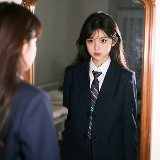 Photograph of a young Asian woman with long black hair, wearing a black school blazer, striped tie, and white shirt, standing in front of