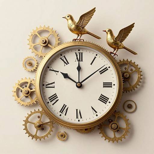 Steampunk-style clock with gold gears, Roman numerals, black hands, and two golden birds perched on top, set against a white background