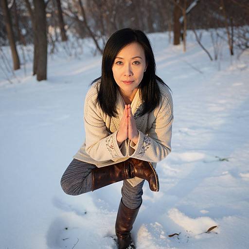 Photograph of an Asian woman with long black hair, wearing a beige sweater, gray pants, and brown boots, balancing on one leg in a snowy