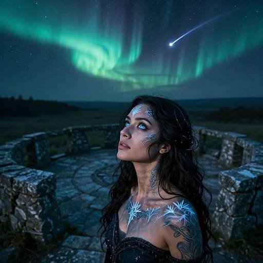 Photograph of a woman with glowing white tattoos, long black hair, and dark dress, gazing at the aurora borealis and shooting star under