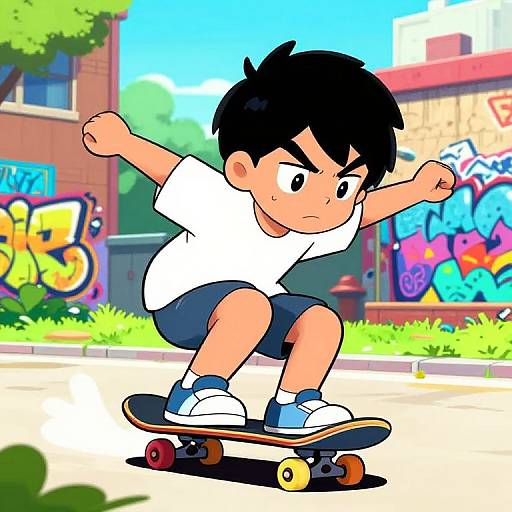 Cartoon-style illustration of a determined young boy with black hair, wearing a white shirt and blue shorts, skateboarding in a vibrant, graffiti-covered urban