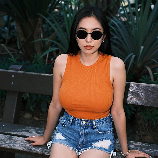 Photograph of an Asian woman with long black hair, wearing round sunglasses, orange ribbed tank top, and distressed denim shorts, sitting on a wooden