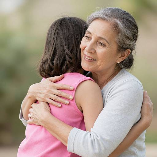 Photograph of an older woman with gray hair, wearing a white shirt, hugging a younger woman with black hair, in a pink shirt, outdoors