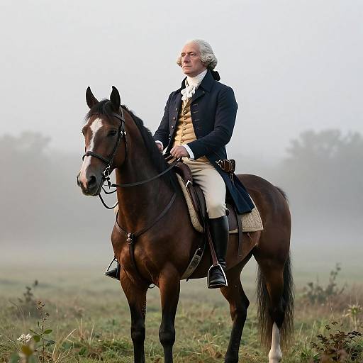 Photograph of an elderly white man with white hair in 18th-century riding attire, sitting on a brown horse in a misty field.