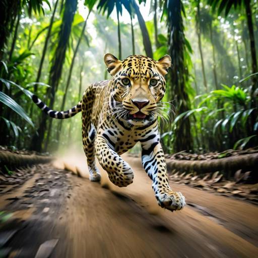 Jaguar Running in Tropical Jungle