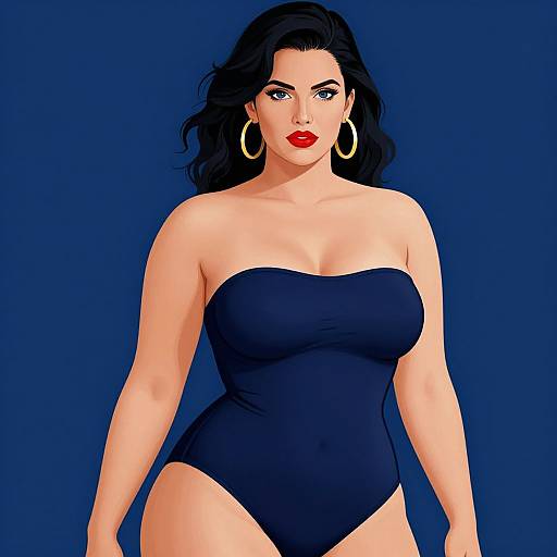 Digital illustration of a curvy woman with pale skin, black wavy hair, red lipstick, hoop earrings, and a strapless black one-piece swims