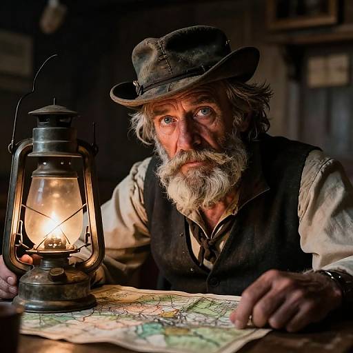 Photograph of an elderly, bearded man with a weathered face, wearing a dusty hat and vest, studying a map by lantern light in a