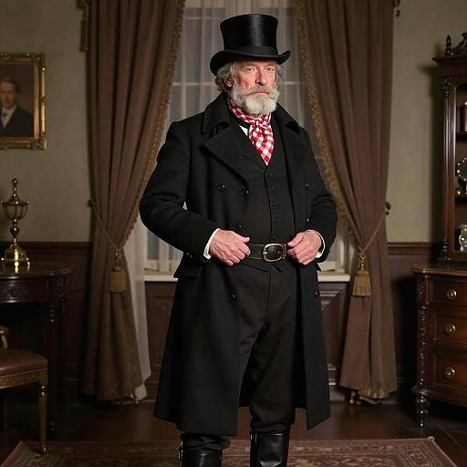 Photograph of an older white man with a white beard, wearing a black top hat, long black coat, red checkered scarf, and black boots