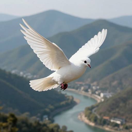 Photograph of a white dove in mid-flight over a verdant, mountainous landscape with a winding river and distant village.