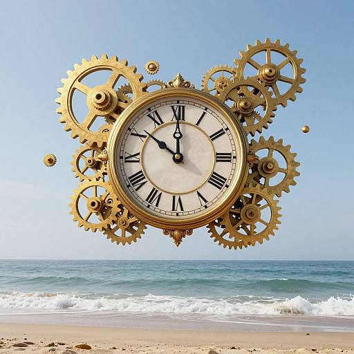 Floating steampunk clock with gold gears and black Roman numerals over a blue ocean and sandy beach under a clear sky.