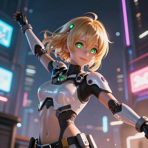 CGI anime-style image of a blonde, green-eyed cybernetic girl with glowing green eyes, outstretched arms, in a neon-lit