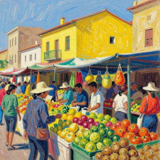 Vibrant market scene: Colorful buildings, bright fruits, people in hats, and stalls under blue sky in an outdoor market. Digital painting style