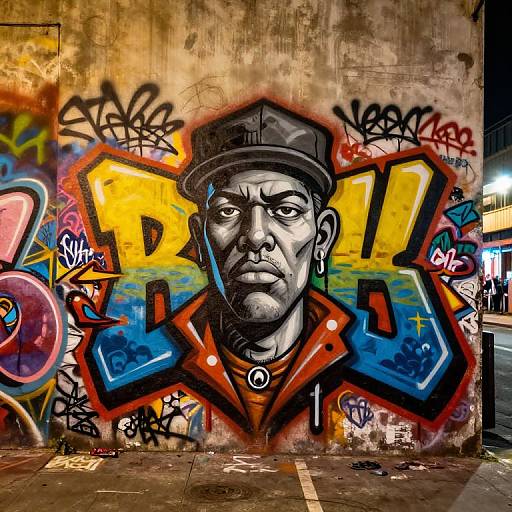 Vivid street graffiti featuring a black-and-white, realistic portrait of a stern-faced man in a hat, surrounded by colorful, bold 