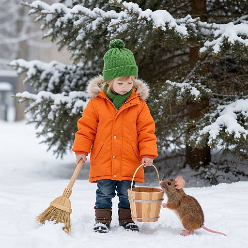 Photograph of a blonde child in an orange winter coat and green beanie, holding a broom and bucket, feeding a brown mouse in a snowy