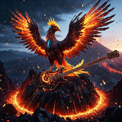 Cybernetic Phoenix Playing Molten Guitar on Volcanic Summit