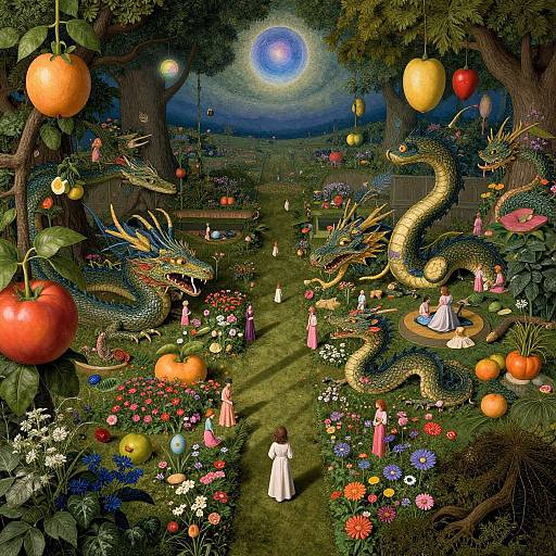 Fantasy illustration of a moonlit garden with colorful flowers, two golden dragons, apples, and people in white dresses, under a glowing moon.