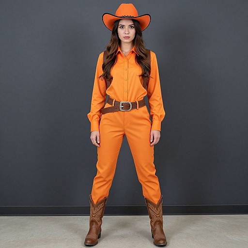 Photograph of a young woman with long dark hair, wearing an orange cowboy outfit with a hat, brown belt, and boots, standing against a dark