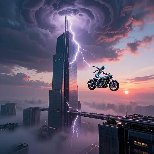 Digital art: Silhouetted motorcycle rider mid-jump above lightning-struck skyscraper at sunset, with dramatic clouds and cityscape below. Vibr