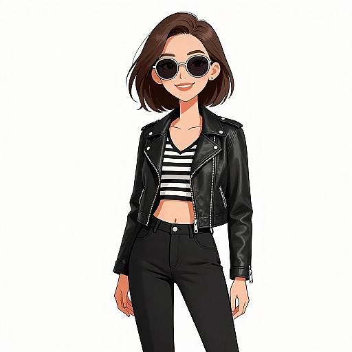 Digital anime-style drawing of a confident woman with short brown hair, wearing round sunglasses, black leather jacket, striped crop top, and black pants, standing