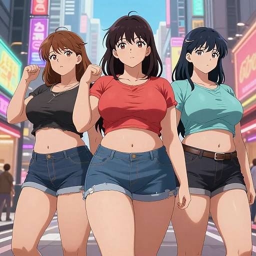 Digital anime-style illustration of three curvy women with large breasts, wearing crop tops and denim shorts, walking down a brightly lit, neon-lit city