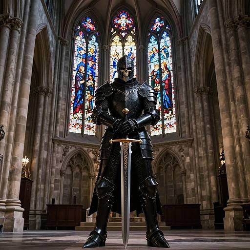 Photograph of a armored knight in a Gothic cathedral, holding a sword, standing before colorful stained glass windows. Dark, majestic atmosphere.