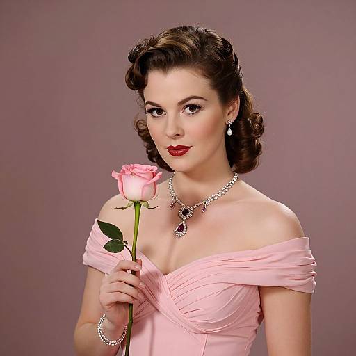Vintage-style photograph of a fair-skinned woman with dark, wavy hair, holding a pink rose. She wears an off-shoulder pink gown
