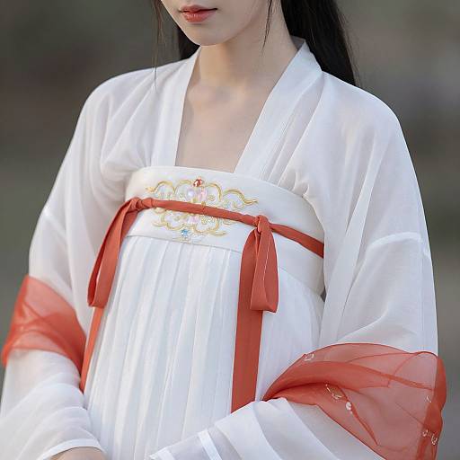 Photograph of an Asian woman with long black hair, wearing a white traditional Korean hanbok with red ribbons and sleeves, against a blurred outdoor