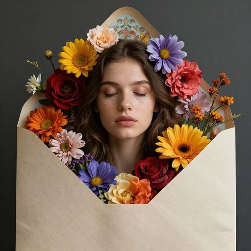 Photograph of a young woman with closed eyes, surrounded by vibrant flowers (daisies, roses, sunflowers) in a paper envelope, against