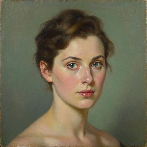 Realistic digital painting of a fair-skinned woman with blue eyes, brown wavy hair, and pink lips, against a muted green background.