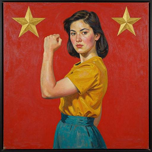 Oil painting of a confident woman with short black hair, yellow shirt, blue skirt, flexing her right arm, against a red background with two gold