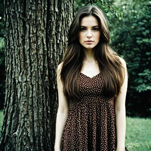 Young Woman in Brown Polka Dot Dress Outdoors