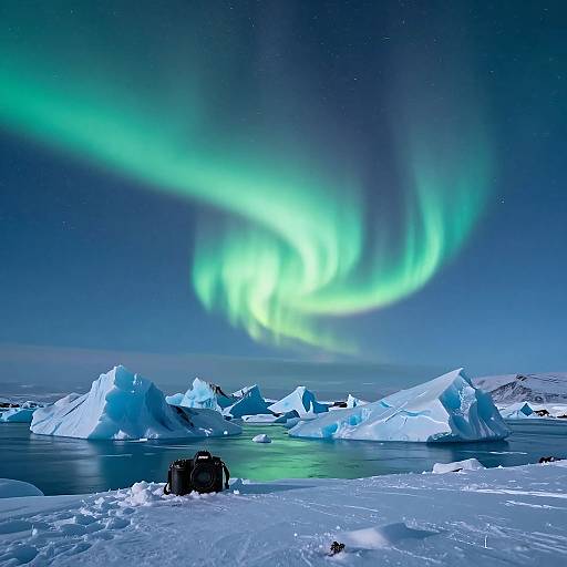 Photograph of vibrant green Northern Lights over icy Arctic landscape with floating icebergs, a dark silhouette of a camera in the foreground.