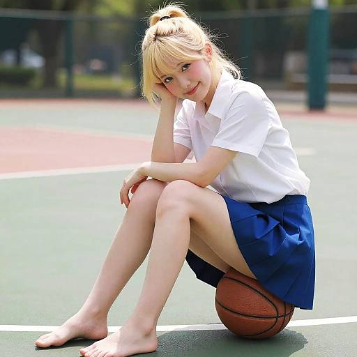 Young Blonde Woman Sitting on Basketball