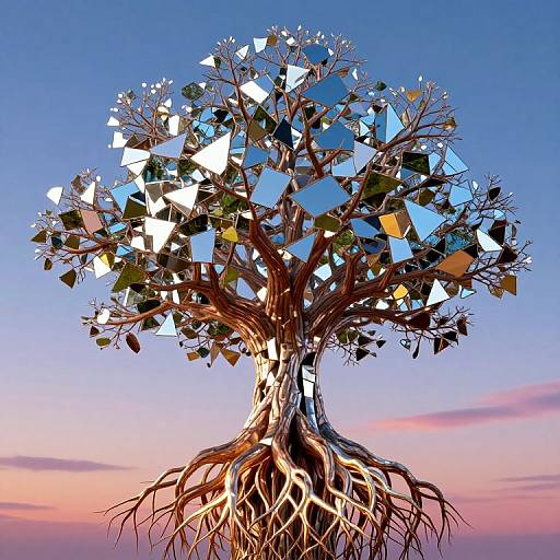 Digital art of a tree with geometric, multicolored leaves against a blue and pink sunset sky, exposing intricate roots.