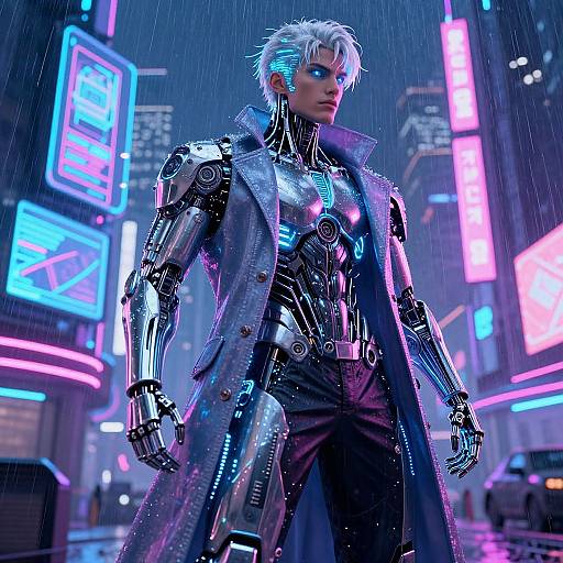 Cyberpunk scene: silver-haired, robotic man in metallic suit and long coat, neon-lit city, rain, futuristic neon signs, vibrant blue