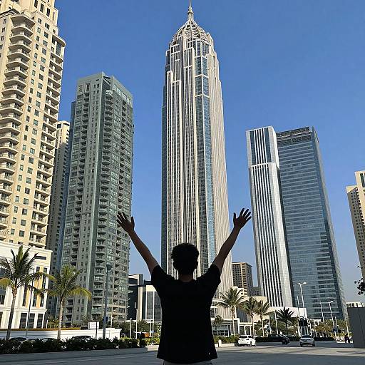 Urban Skyline: Joyful Person with Palm Trees