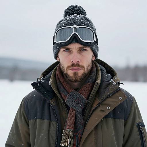 Photograph of a bearded man with blue eyes, wearing a black knit beanie, ski goggles, green jacket, and brown scarf, standing in