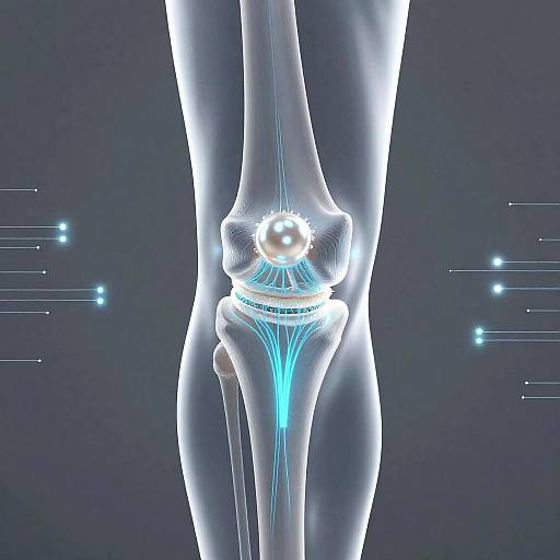 Digital illustration of a glowing, futuristic knee joint with blue neon lines and a central white orb against a dark blue background.