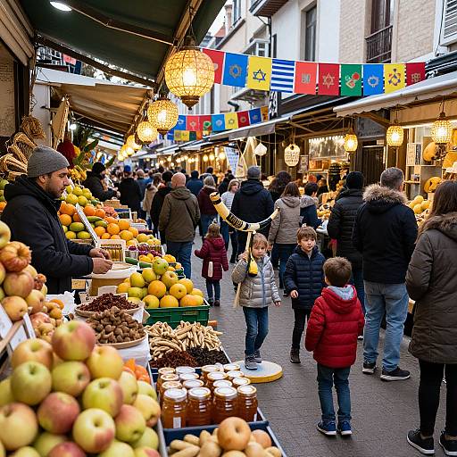 Photograph of a busy outdoor market with colorful flags, hanging lanterns, and diverse shoppers browsing fresh fruits, nuts, and baked goods.