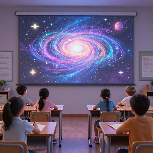 Photograph of six children, seated in a classroom, watching a colorful, galaxy-themed projection on a large screen.