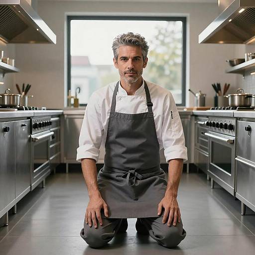 Photograph of a middle-aged, grey-haired male chef with a beard, kneeling in a modern, stainless steel kitchen, wearing a white shirt and black