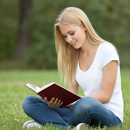 Photograph of a blonde woman with straight hair, wearing a white t-shirt and blue jeans, sitting on green grass, reading a brown book outdoors.
