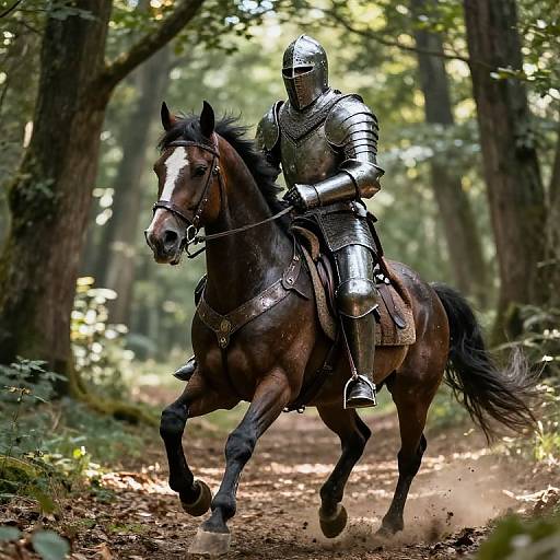 Photograph of a knight in shiny silver armor riding a galloping dark brown horse along a sunlit forest path.