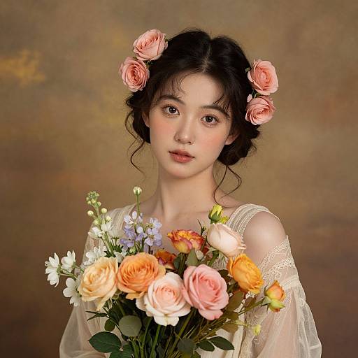 Classical Portrait of Young Woman with Roses