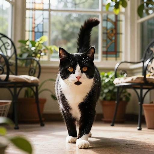 Confident Tuxedo Cat in Sunlit Conservatory