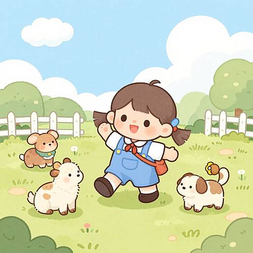 Cute anime-style drawing of a girl with brown pigtails, blue overalls, and white shirt, playing with three small dogs in a sunny