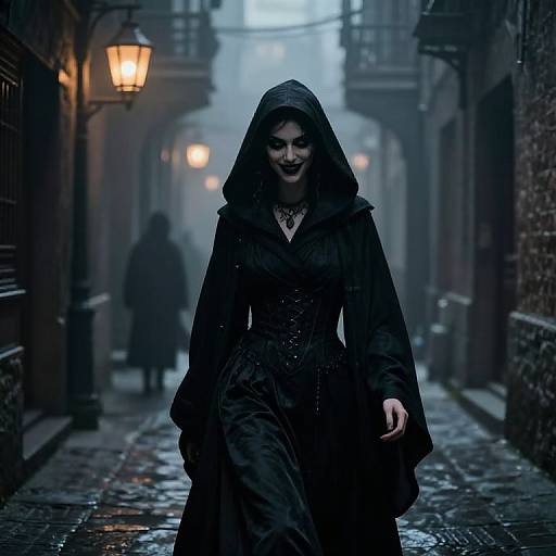 Dark, gothic photograph of a woman in a black hooded dress, walking down a misty, foggy, cobblestone alley at night