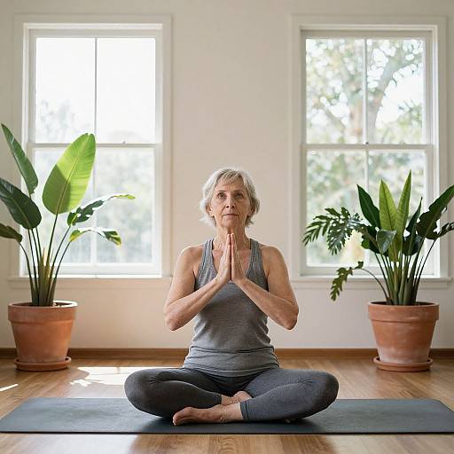 Photograph of an elderly woman with short gray hair, sitting cross-legged in a gray tank top and black leggings, meditating with hands in prayer position